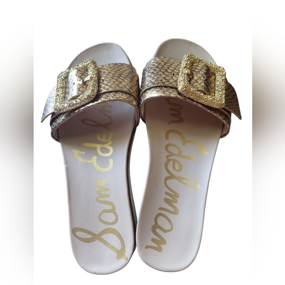 Sam Edelman Gold Textured Buckle Slide Sandals